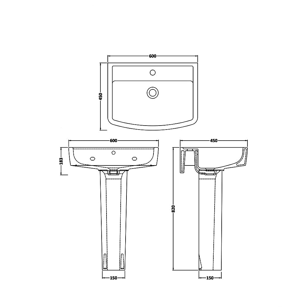 Nuie Bliss 600mm White Basin And Pedestal With 1 Tap Hole