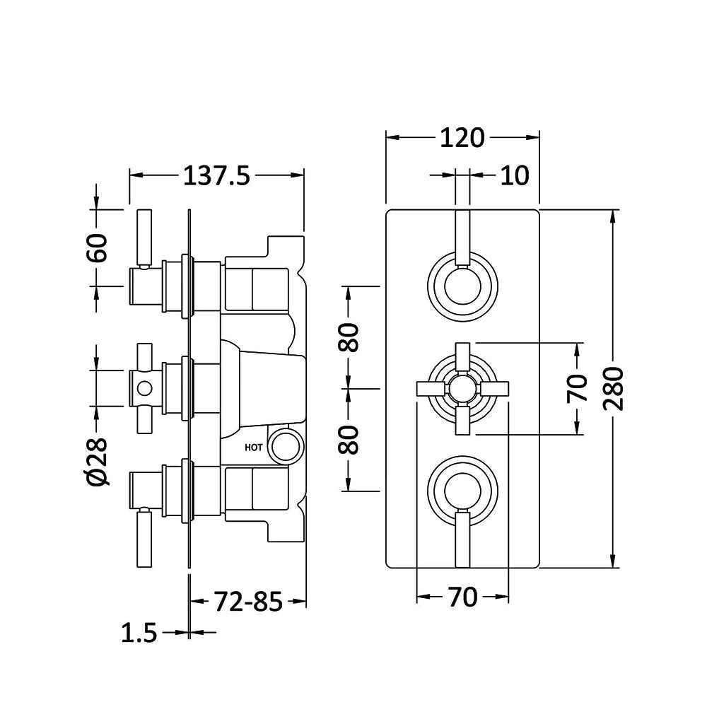 Hudson Reed Tec Pura Plus Concealed Thermostatic Shower Valve - Rectangular Trim - 3 Control