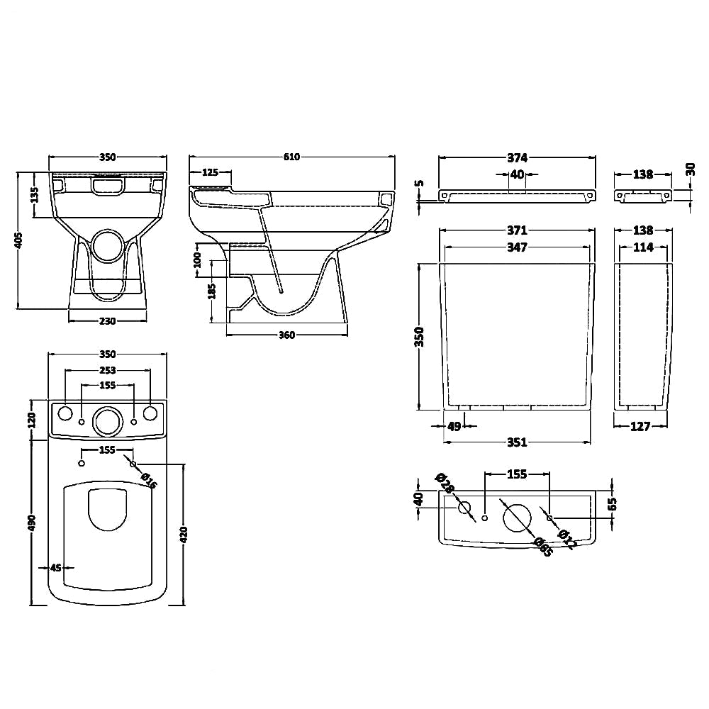Nuie Bliss semi-flush white WC pan with open back and cistern, wall-mounted design, measuring 374x610mm
