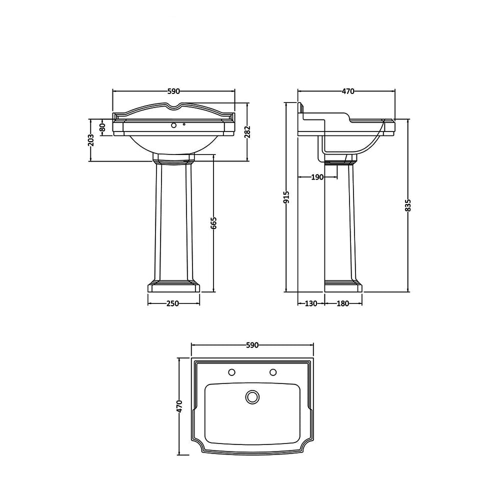 Nuie Legend 590mm White 2 Tap Hole Basin With Full Pedestal