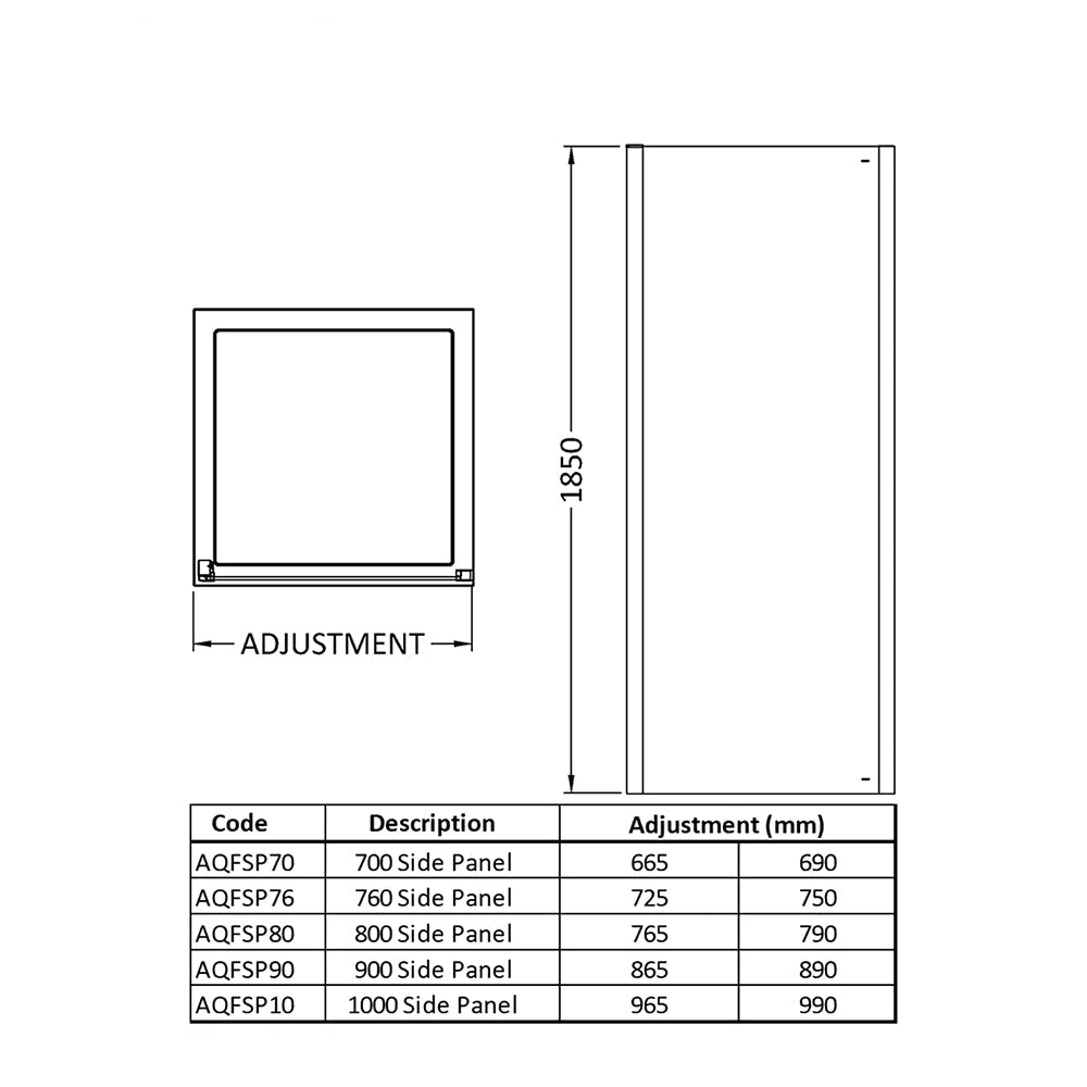Nuie Pacific Aluminium Semi Frameless Side Panel For Shower Enclosure - 1850mm Height