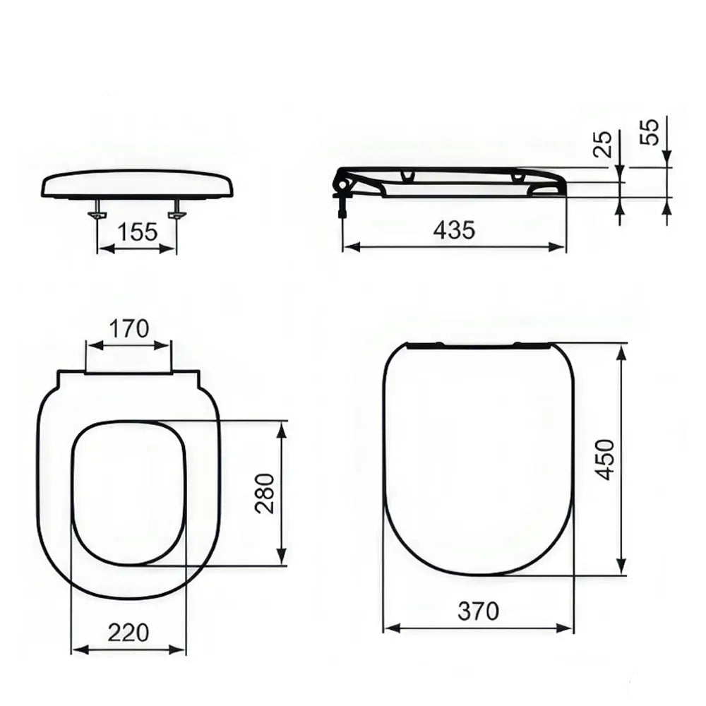 Ideal Standard Playa white toilet seat and cover with top fix, measuring 370x450mm, designed for easy installation.