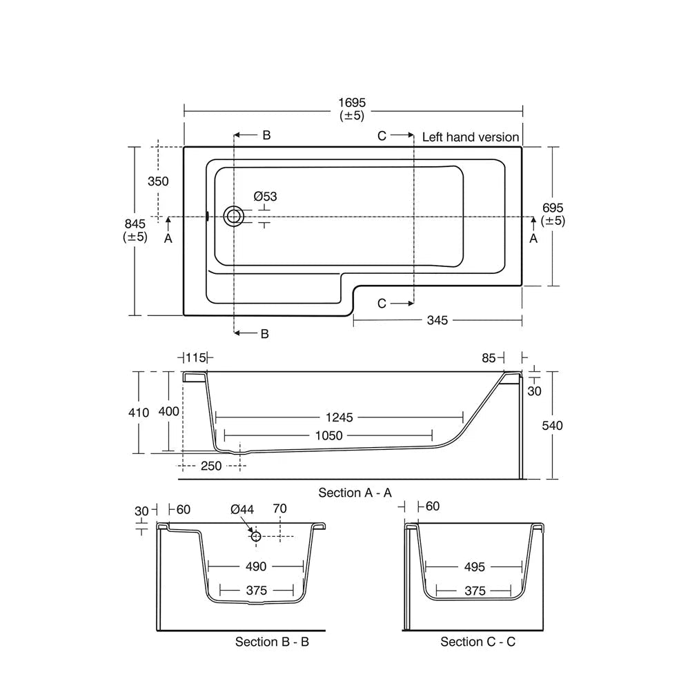 Ideal Standard Tempo Cube Idealform L-shaped shower bath in white, 1700x850mm, showcasing smooth edges and spacious design