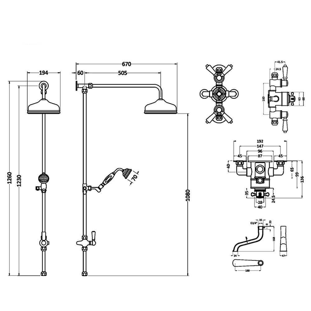 Hudson Reed Topaz Exposed Thermostatic Traditional Shower Mixer Valve with Rigid Riser Kit