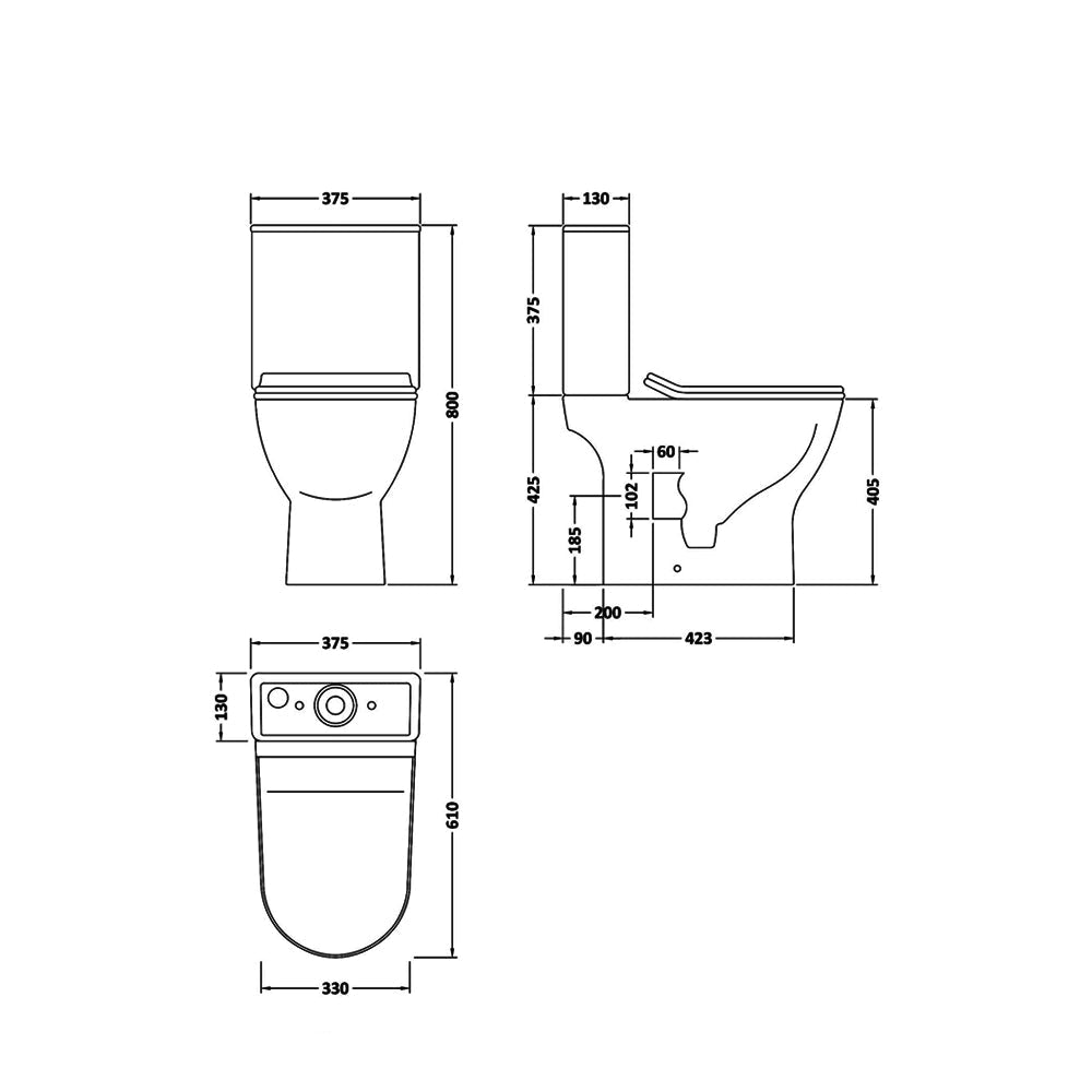 Nuie Freya compact WC pan with cistern and soft-close seat, open back design, 375x610mm, in a modern bathroom setting