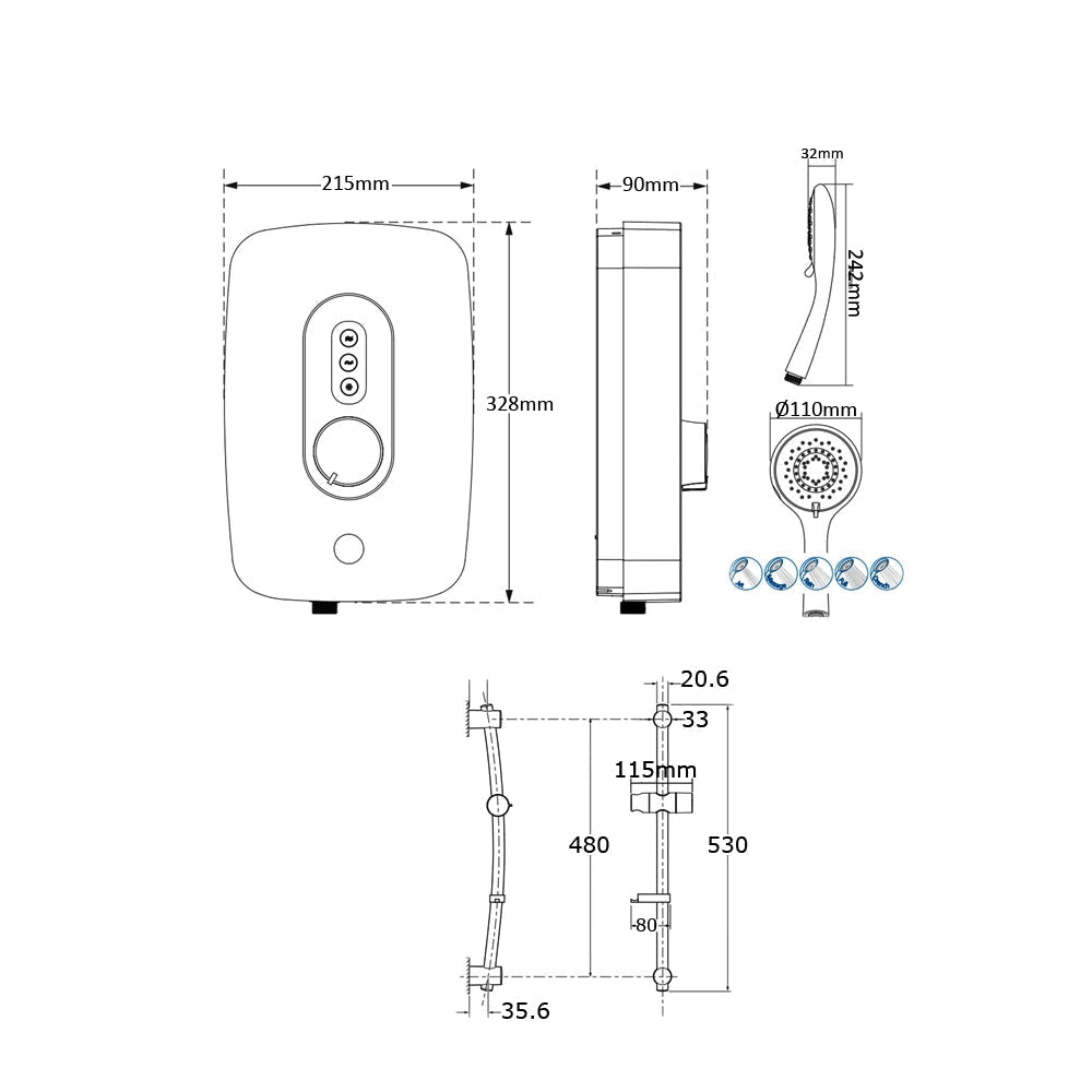 Triton Danzi Contemporary Electric Shower with Slide Rail Kit - White or Black