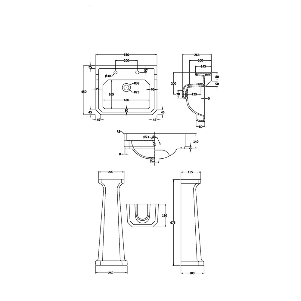 Nuie Carlton 560mm Wide 2 Tap Hole White Basin And Pedestal