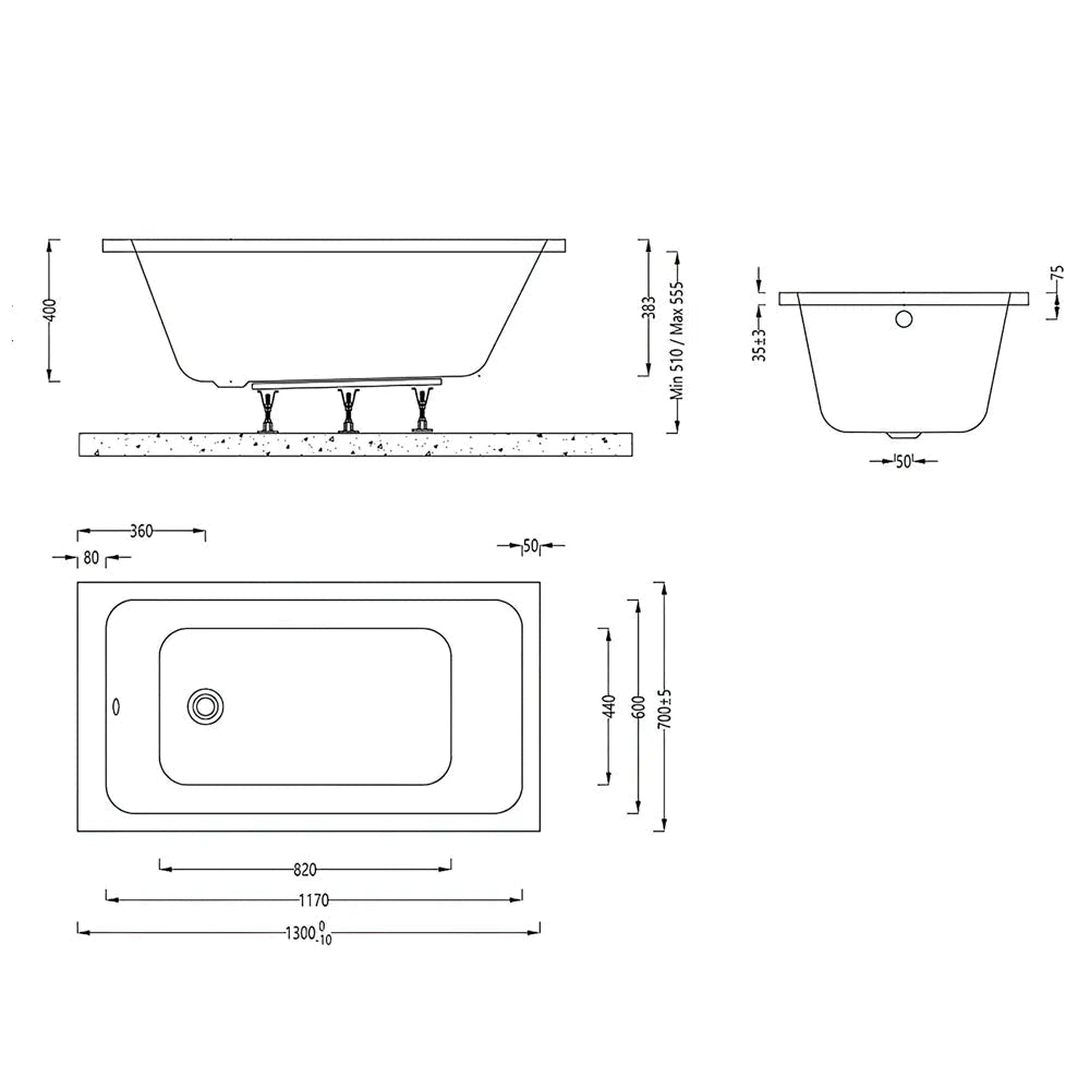 Imex Quadro white single-ended bath tub with leg set, 1300x700mm, featuring clean lines and a modern design for Tuskan Tiles.