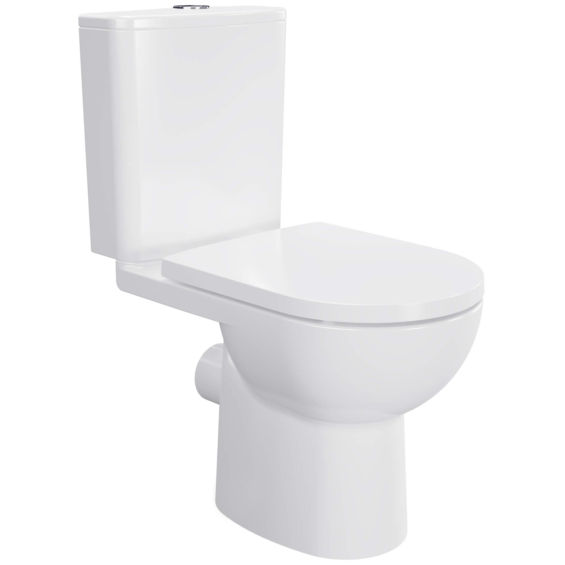 Imex Ivan rimless close-coupled WC pan with cistern and soft-close seat, open back design, in a modern bathroom setting.