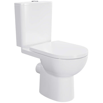 Imex Ivan rimless close-coupled WC pan with cistern and soft-close seat, open back design, in a modern bathroom setting.