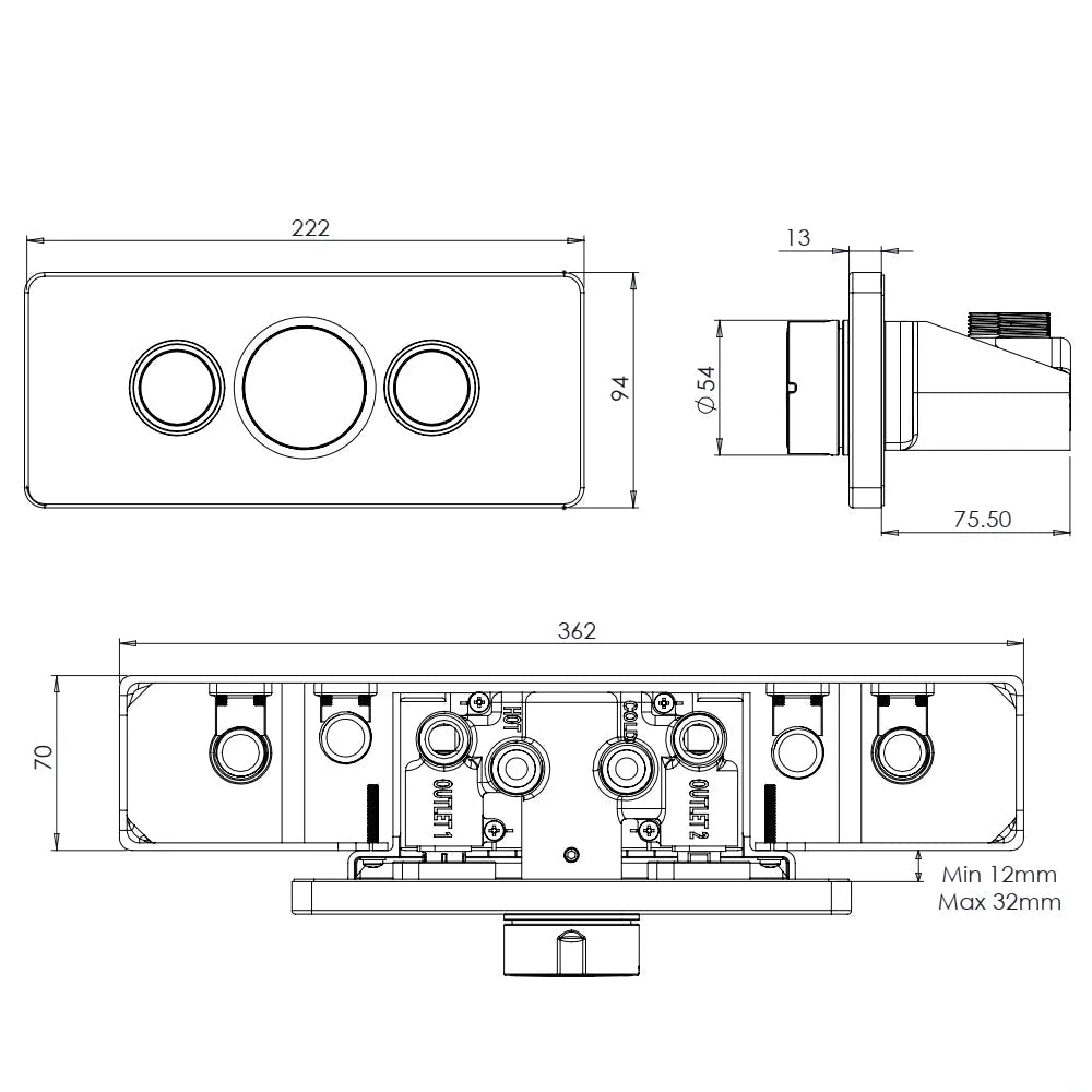 Tavistock Axiom Concealed Thermostatic Shower Valve - Rectangular Trim - 3 Control
