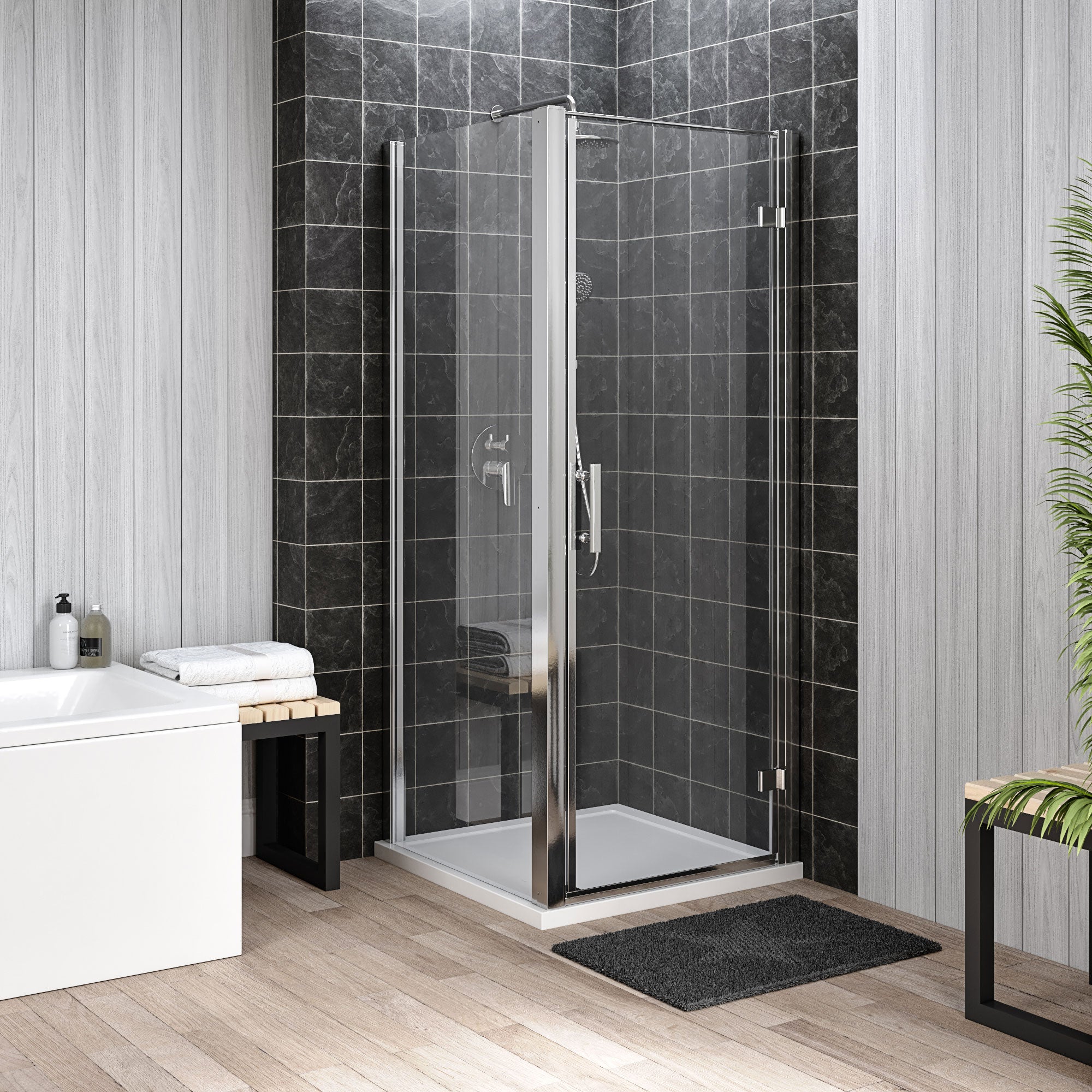 Nuie Pacific Hinged Semi-Frameless Shower Door with Handle - Chrome Profile