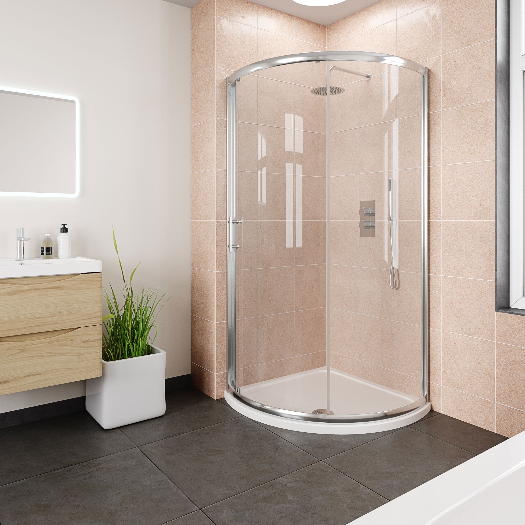 Reversible Nuie Pacific sliding quadrant shower enclosure with aluminium frame, 860x860mm, shown in a modern bathroom setting