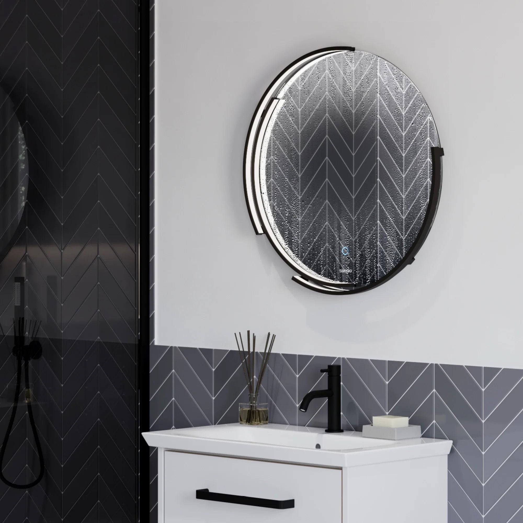Sensio Aspect Curve Round Black Frame Frontlit LED Mirror with Demister Pad - 600 x 600mm