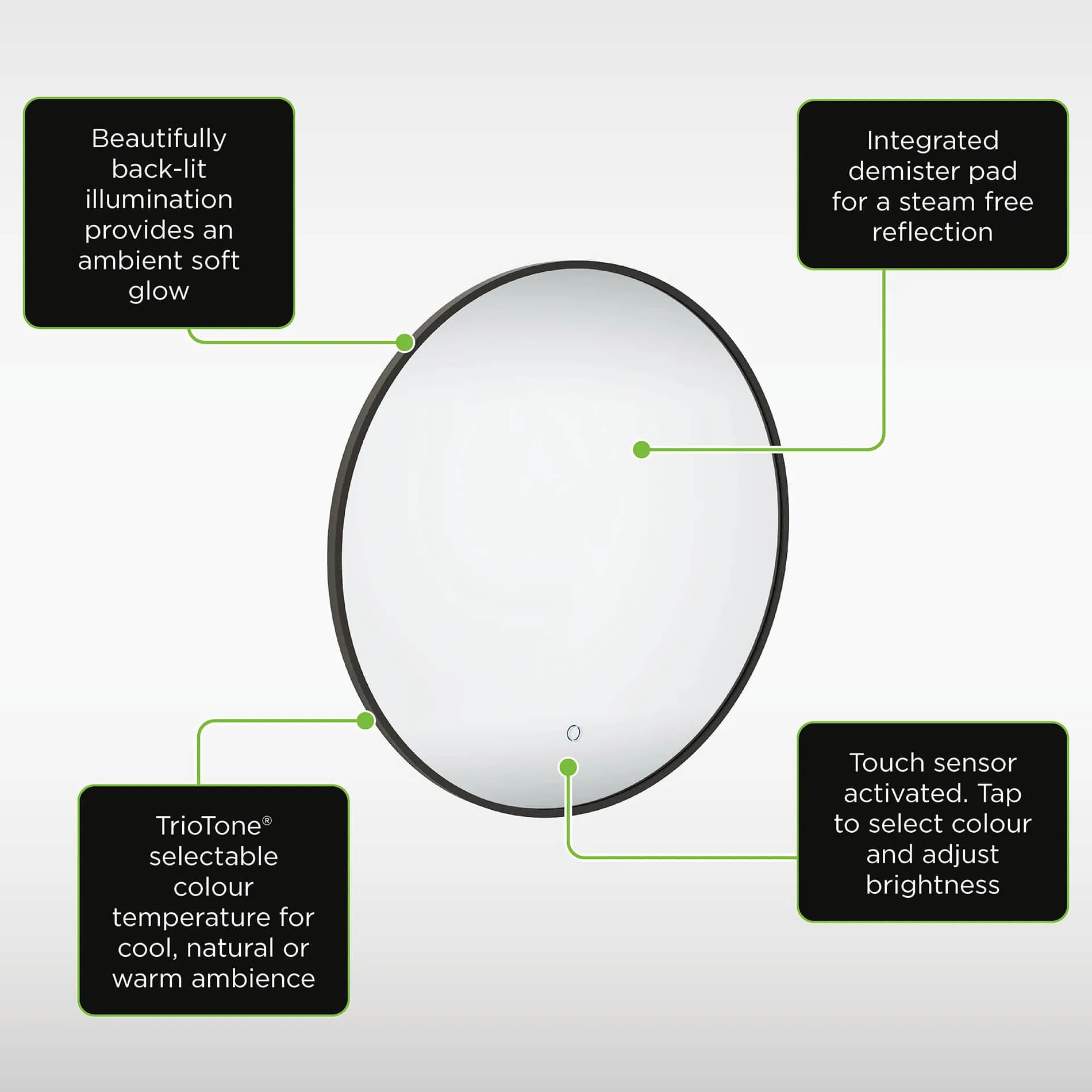 Sensio Nebula Round Backlit LED Mirror with Demister Pad - 600 x 600mm - Tuskan Tiles