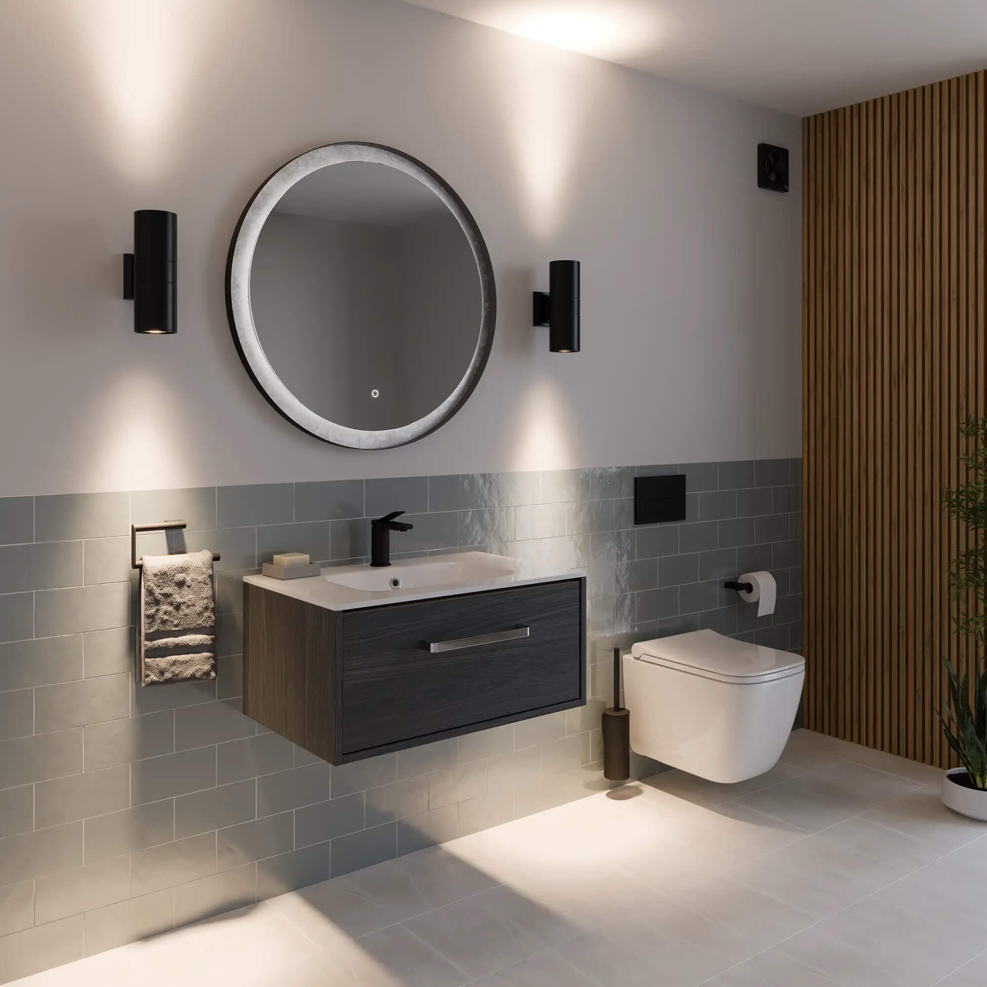 Sensio Hebe Round Backlit LED Mirror with Demister Pad - Black and Silver Frame - 600 x 900mm