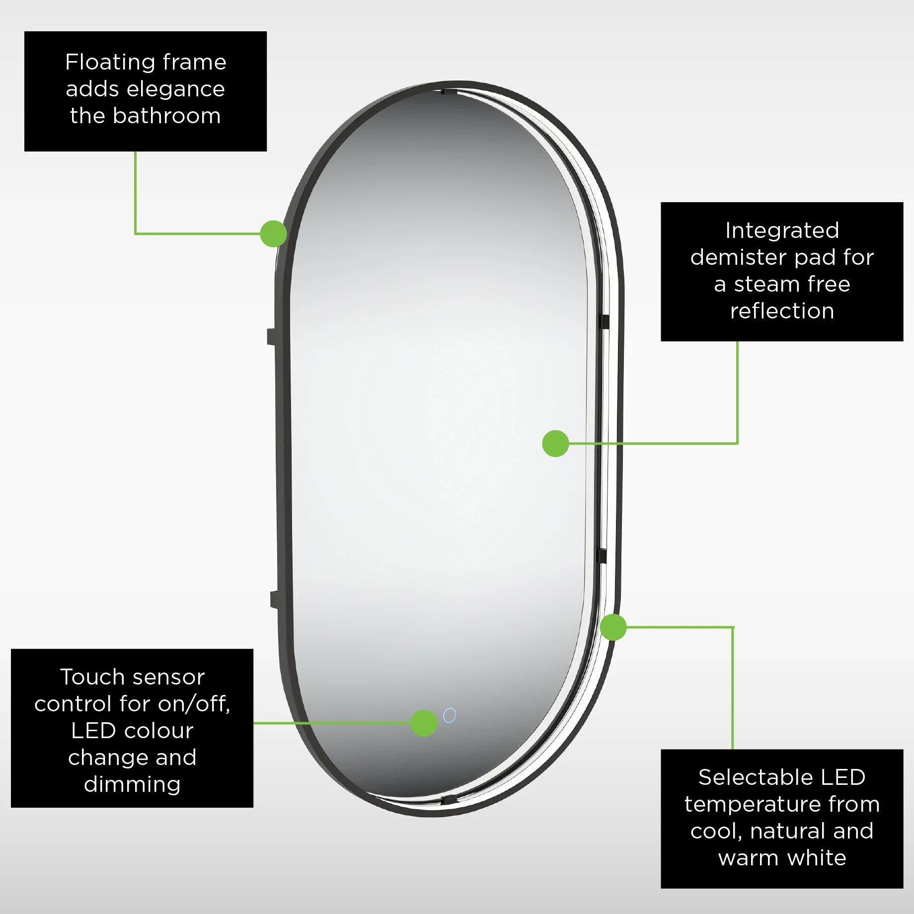 Sensio Aspect TrioTone Pill Frontlit LED Illuminated Mirror with Demister Pad - Tuskan Tiles