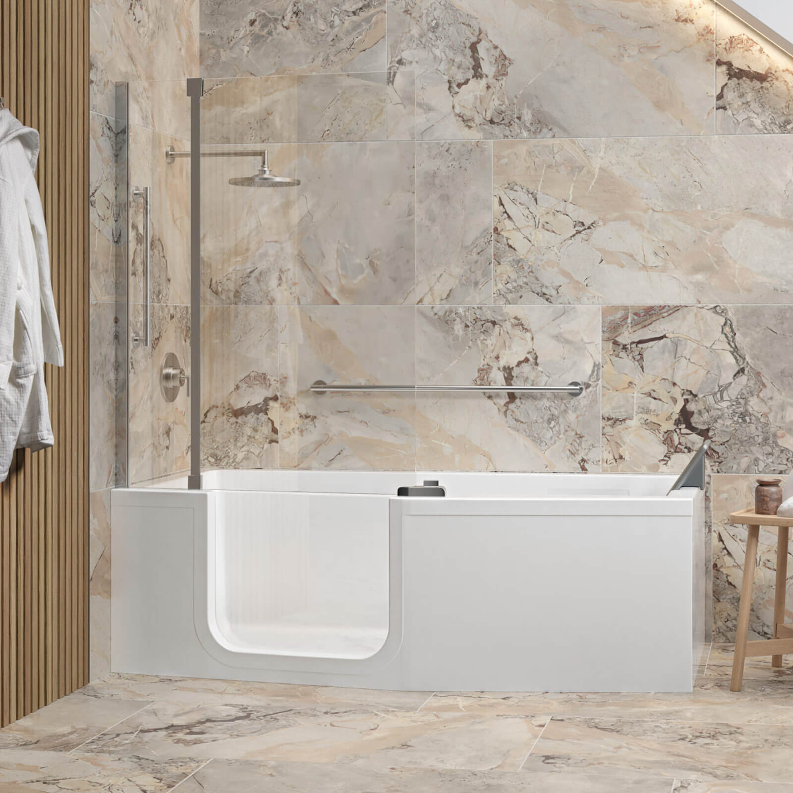 Trojan Elegance Easy Access Walk-In Bath with inward opening door in a bathroom setting, showcasing a sleek, accessible design.