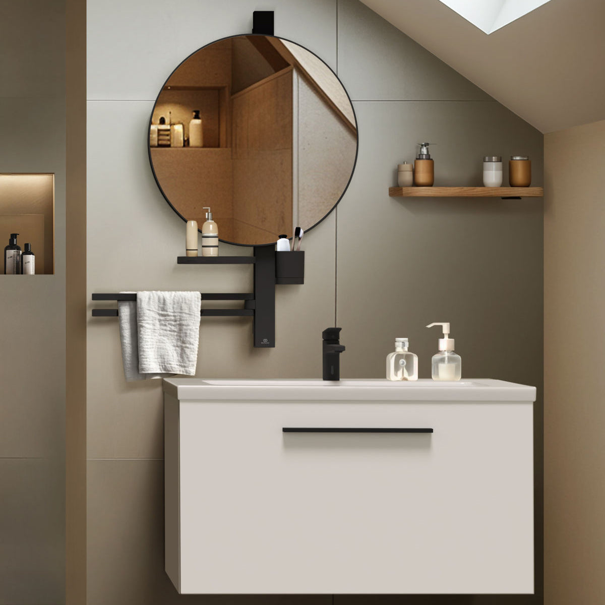 Ideal Standard ALU+ Round Makeup and Shaving Mirror with Towel Holder
