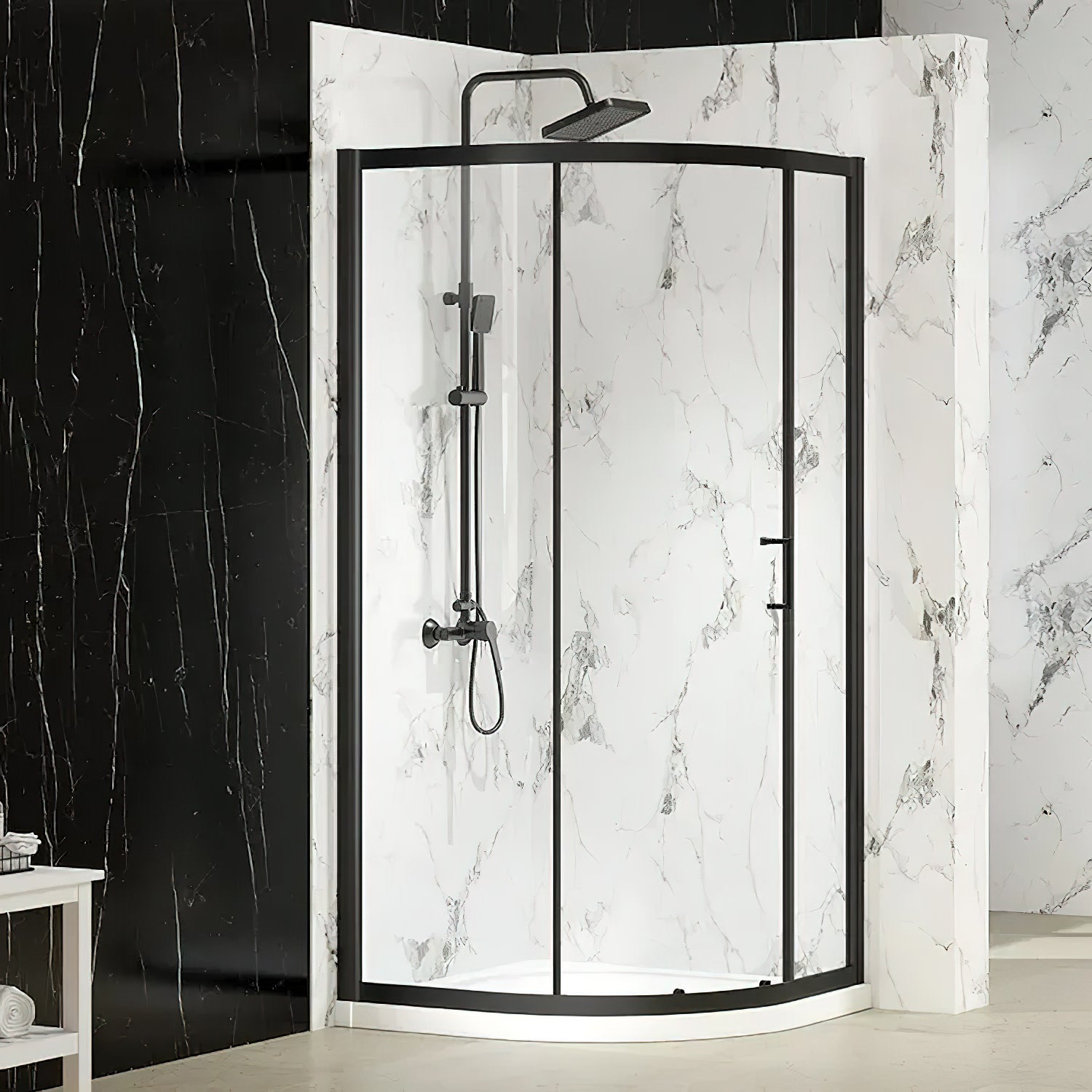 Reversible Merlyn MBOX sliding offset quadrant shower enclosure with aluminium frame, shown in a modern bathroom setting.