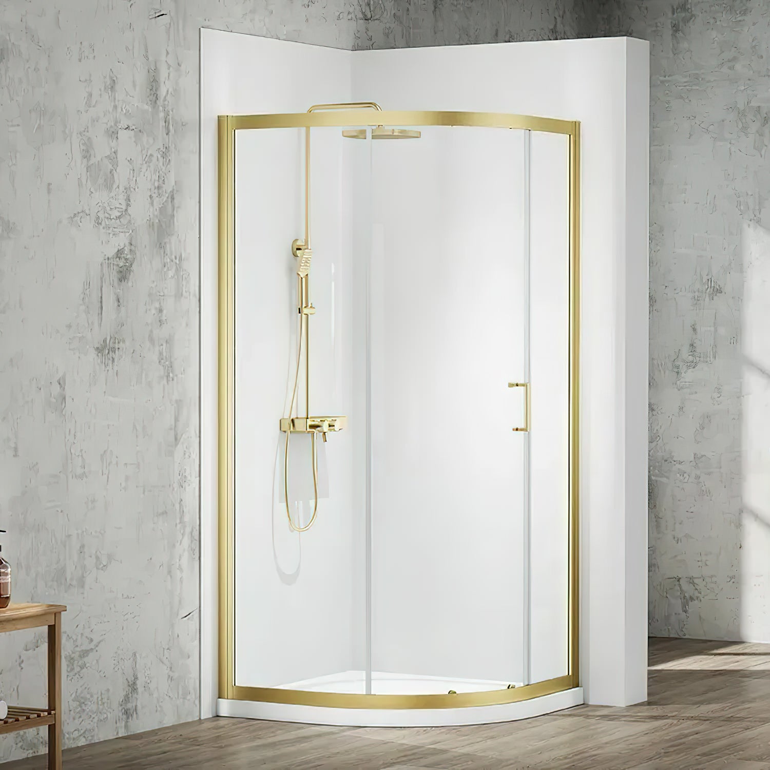 Tuskan Tiles Merlyn MBOX sliding offset quadrant shower enclosure with reversible aluminium frame, shown from front view.