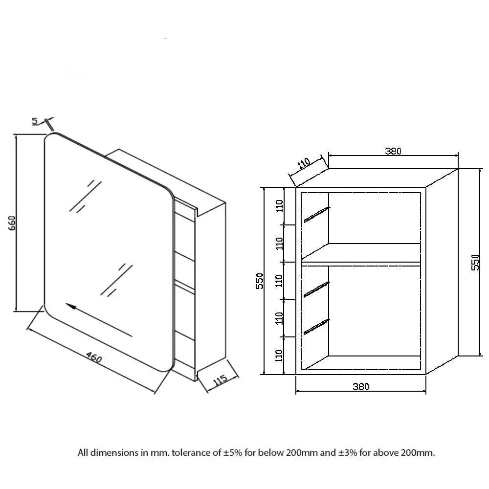 RAK Uno Hinged Stainless Steel Cabinet - Reversible Mirrored Door - 460 x 660mm - Tuskan Tiles