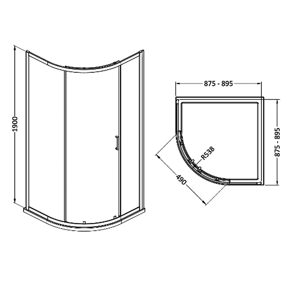 Nuie Rene Quadrant Shower Enclosure with Handle - 900 x 900mm - Aluminium Frame
