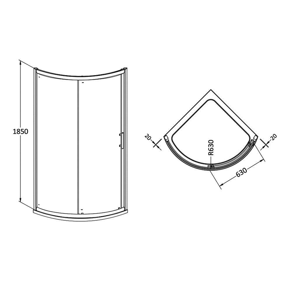 Nuie Pacific sliding quadrant shower enclosure with aluminium frame, reversible design, 860 x 860mm, shown in a modern bathroom setting.