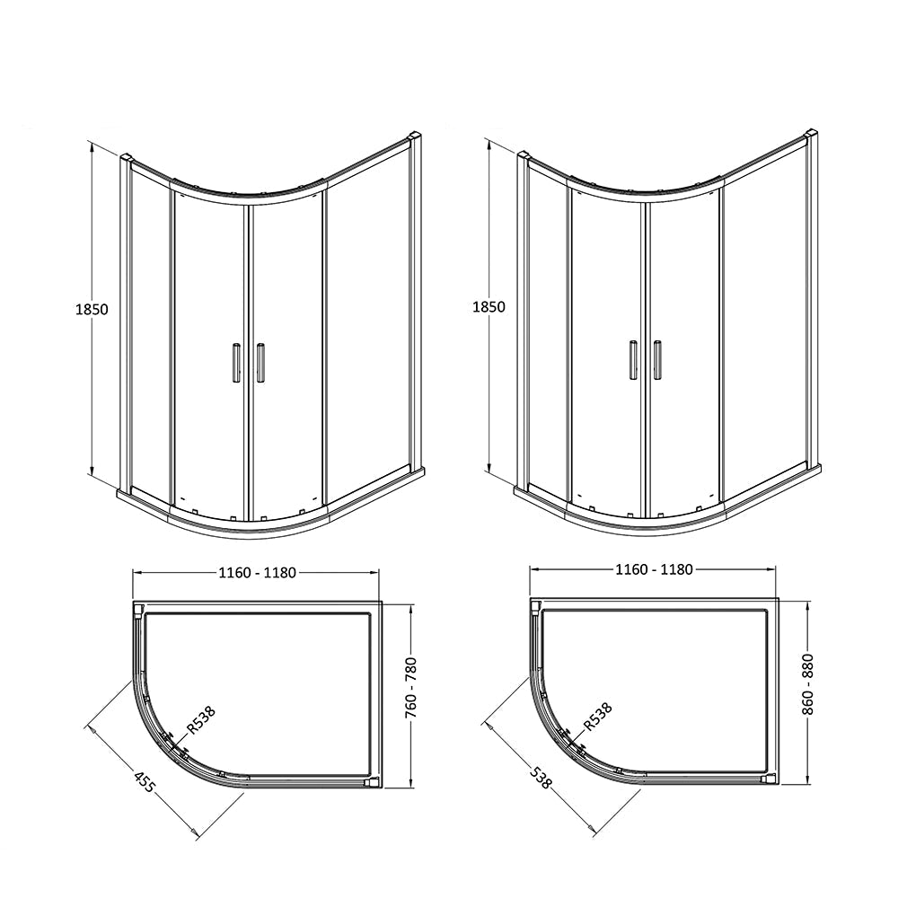 Nuie Pacific offset quadrant shower enclosure with two doors and aluminum frame, featuring a handle and modern design.