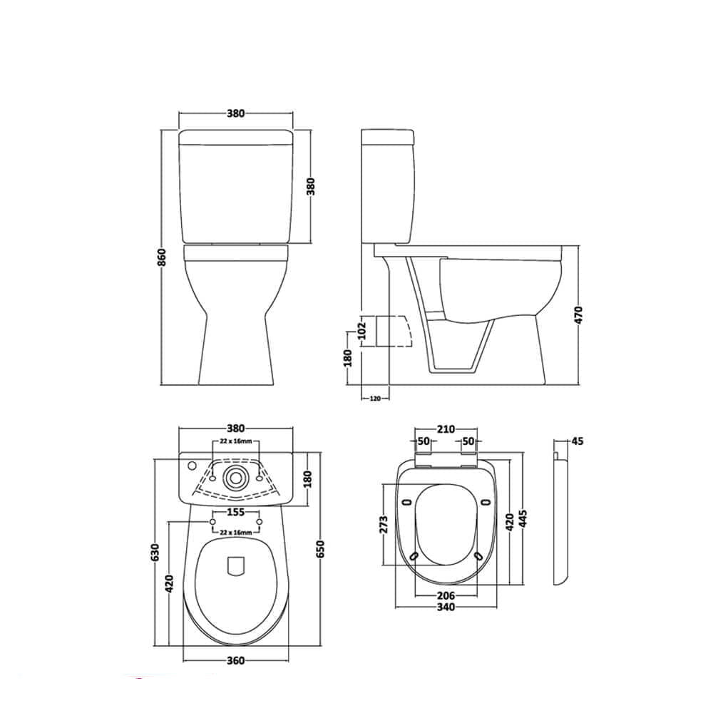 Tuskan Tiles Nuie Doc-M close coupled comfort height WC pan with cistern and seat, 380x650mm, in white ceramic.
