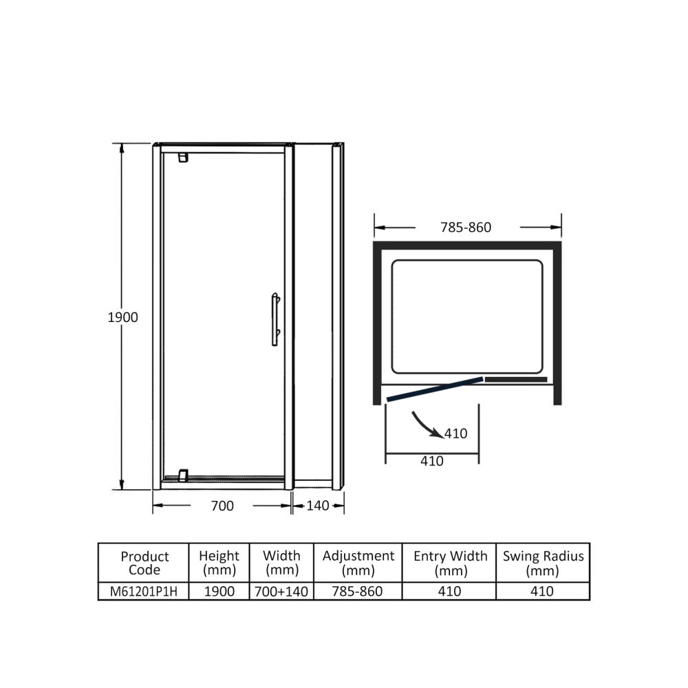 Merlyn 6-Series Pivot Shower Door with Inline Panel - Chrome Frame - 840 x 1900mm
