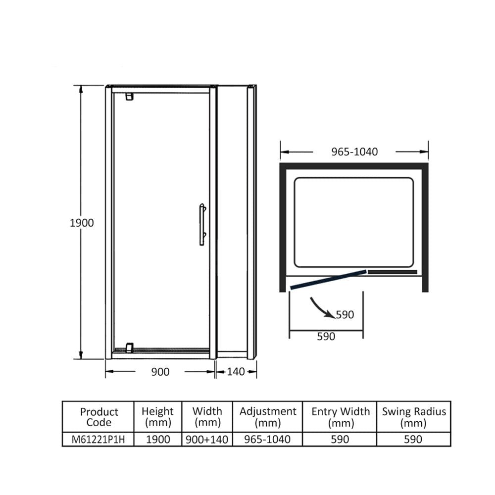 Merlyn 6-Series Pivot Shower Door with Inline Panel - Clear Glass - 1040 x 1900mm
