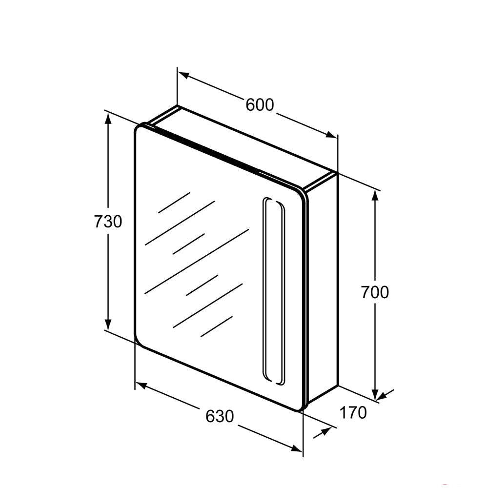 Ideal Standard Illuminated Aluminium Cabinet with Shaver Socket - Mirrored Door - 600 x 700mm - Tuskan Tiles