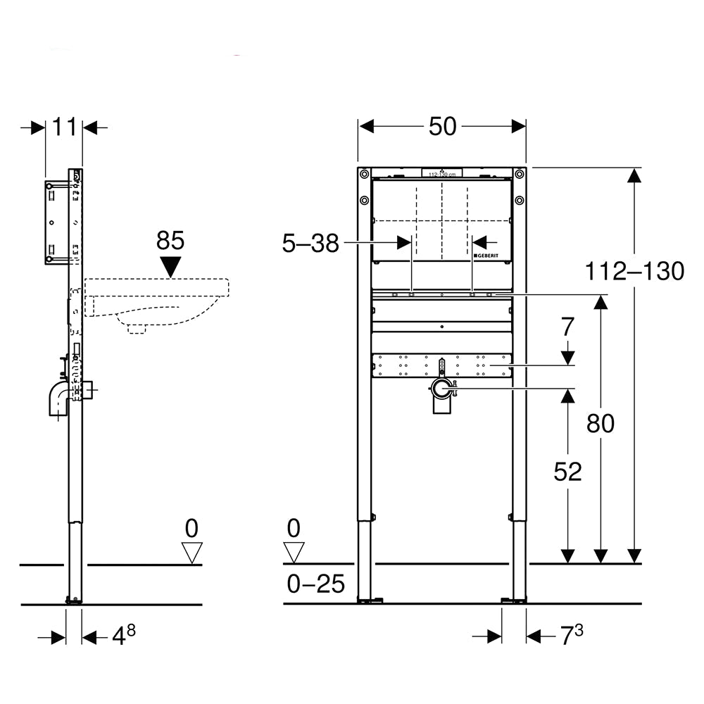 Geberit Duofix Steel Washbasin Frame 500 x 1120-1300mm for Concealed Wall-Mounted Tap