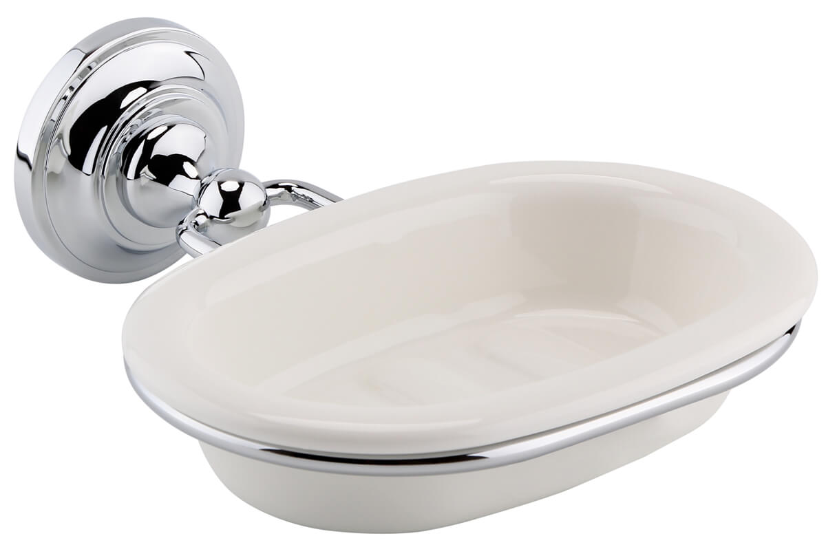 Traditional ceramic soap dish with chrome holder by Hudson Reed, measuring 160 x 159mm, designed for bathroom decor.
