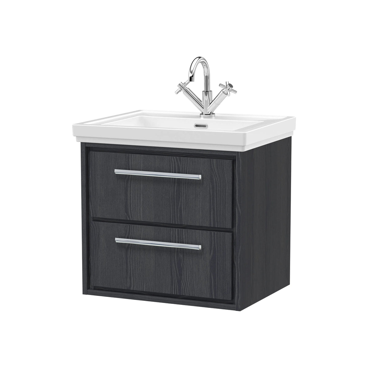 Hudson Reed Lille 600mm Graphite Grey Woodgrain 2 Drawer Wall Hung Vanity Unit & Basin