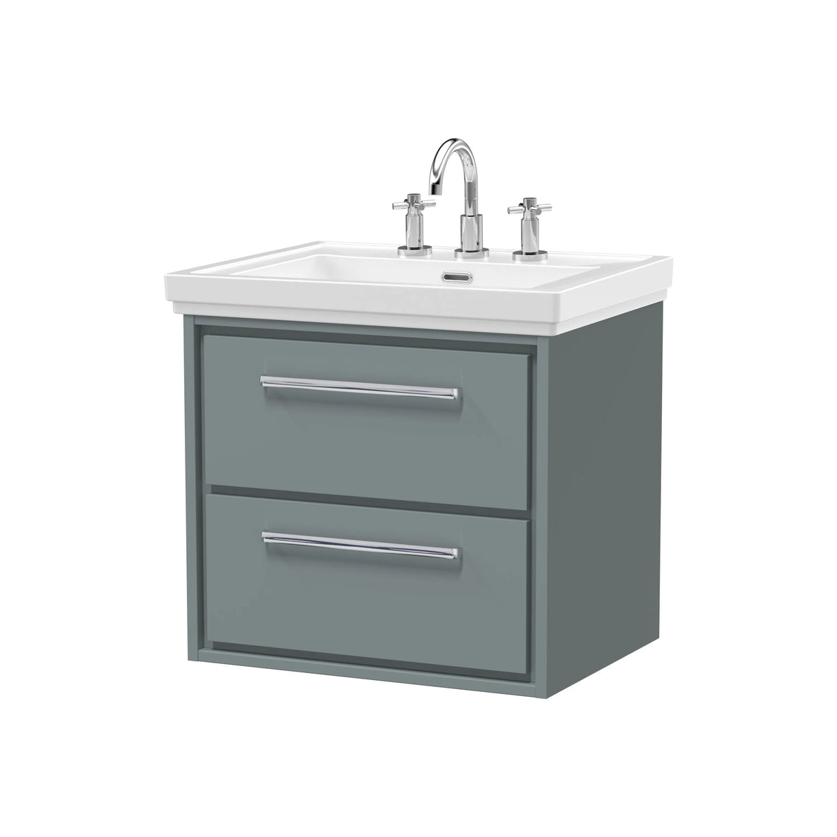 Hudson Reed Lille 600mm Coastal Grey Woodgrain 2 Drawer Wall Hung Vanity Unit & Basin
