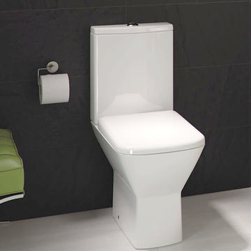 White RAK Summit close coupled WC with soft close seat and open back, measuring 360x650mm, by Tuskan Tiles.