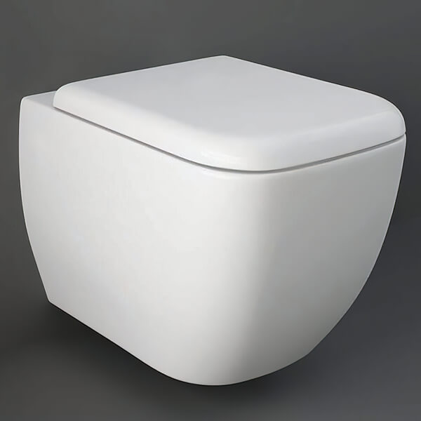 Modern RAK Metropolitan square wall-hung toilet from Tuskan Tiles with soft-close seat, measuring 337x525mm, sleek bathroom fixture
