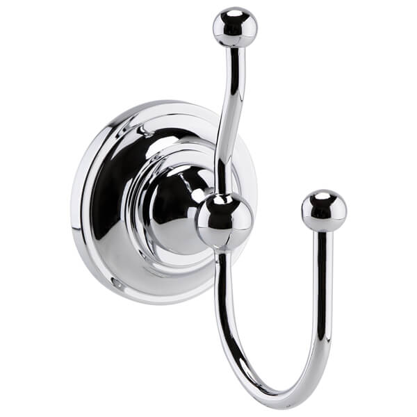 Traditional chrome double robe hook by Hudson Reed, mounted on a wall with a sleek, polished finish for bathroom organization.
