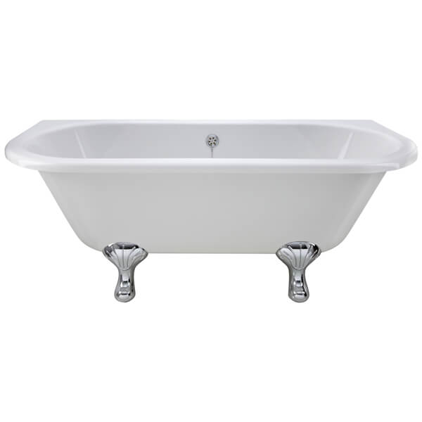Traditional back-to-wall roll top bath by Hudson Reed, acrylic, 1700x750mm, with legs, shown in a classic bathroom setting