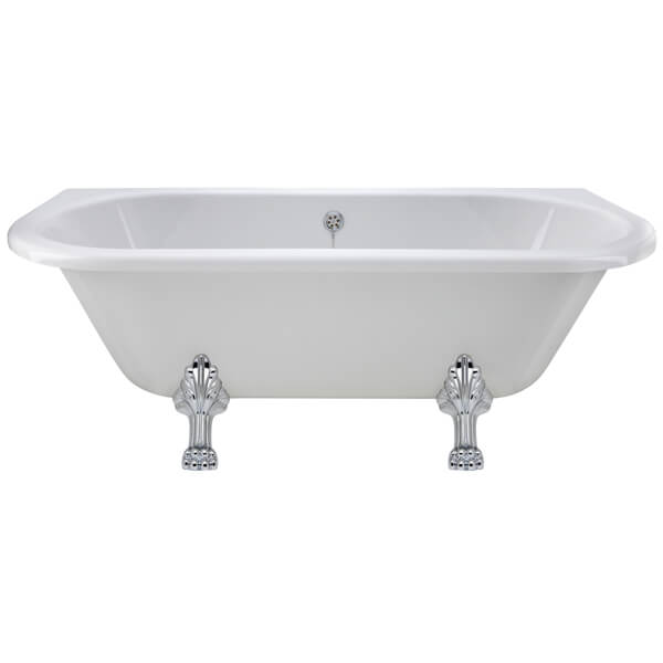 Acrylic Hudson Reed Kenton traditional back to wall roll top bath with legs, 1700 x 750mm, shown from side view.