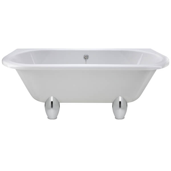 Traditional back-to-wall roll top bath by Hudson Reed, acrylic with legs, measuring 1700 x 750mm, shown in a bathroom setting