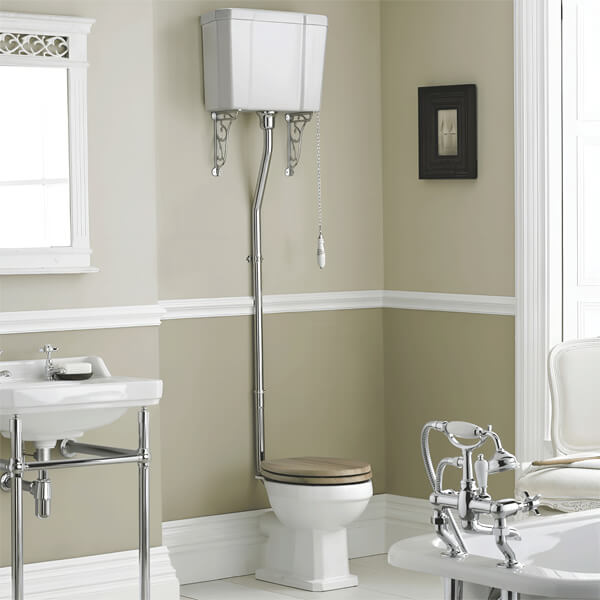 Hudson Reed Richmond high level WC pan with cistern and flush pipe kit, open back, 465mm wide, installed in a bathroom setting