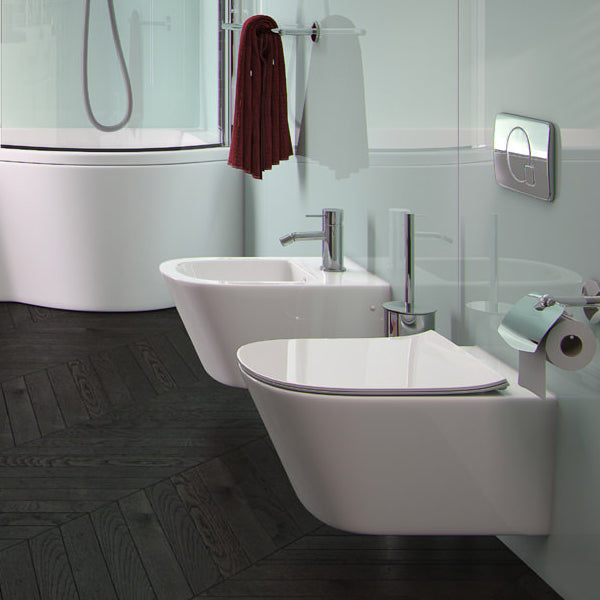 White IMEX Arco Slimline Contour toilet seat with soft close and quick release hinges, designed for modern bathroom comfort.