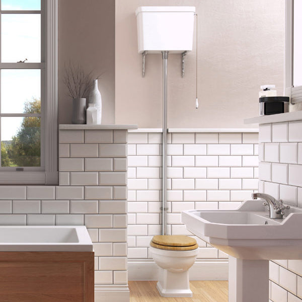 IMEX Wyndham traditional high level WC pan with cistern and flush pipe kit, open back, 480x525mm, in white ceramic.