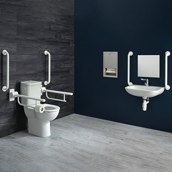 Armitage Shanks Contour-21 Plus DocM Peninsular Care Pack, white ceramic toilet with chrome flush handle and dual-flush system