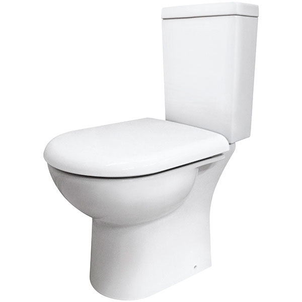Close coupled WC pan with cistern by Tuskan Tiles, compact open back design, measuring 360 x 610mm, ideal for modern bathrooms.