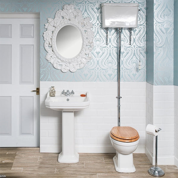 Open back IMEX Wyndham traditional high level WC pan with cistern and flush pipe kit, 480 x 525mm, by Tuskan Tiles.