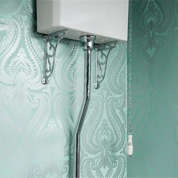 Traditional high-level WC pan with cistern and flush pipe kit, open back, in white, 480 x 525mm, from IMEX Wyndham by Tuskan Tiles